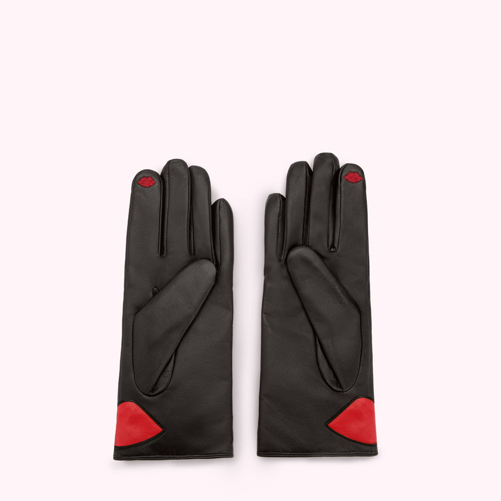 Black Contrast Lip Leather Gloves | Leather Gloves for Women