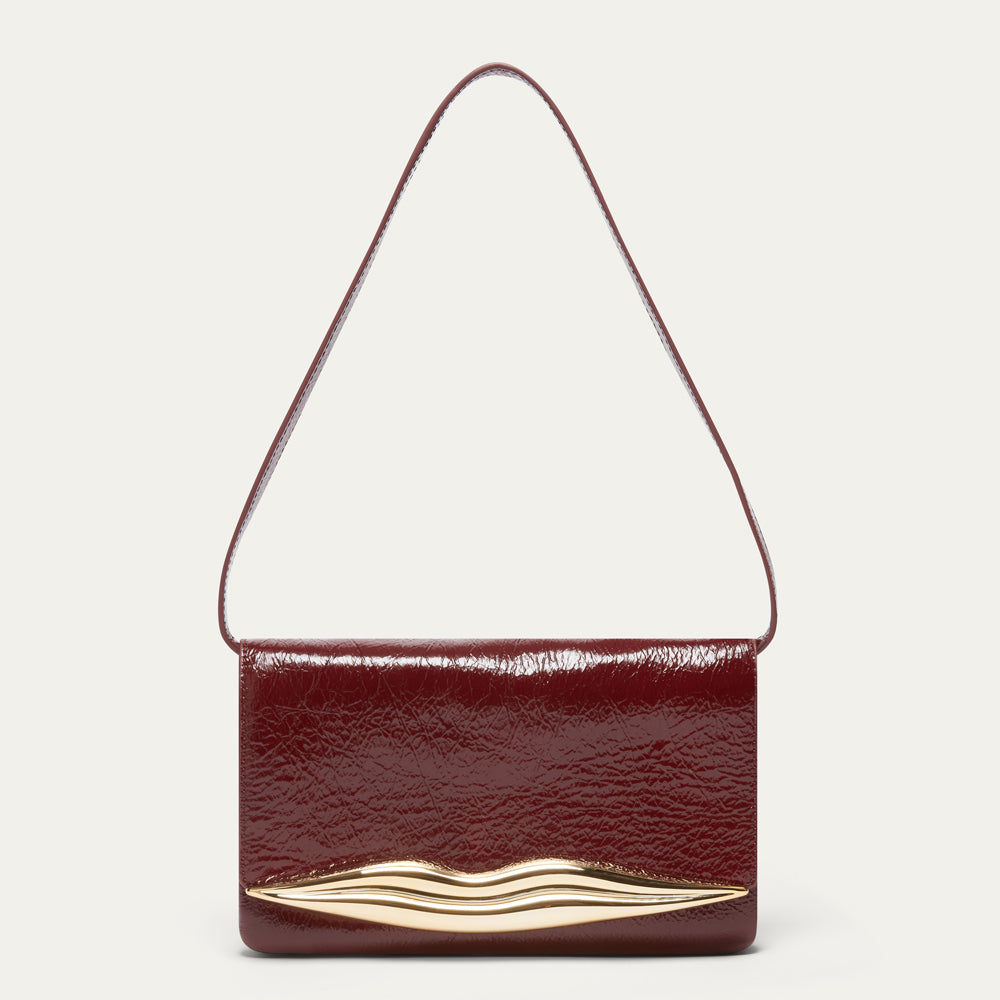 【ルルギネス】リップクラッチ　蛇革 Wine Red Leather Surrealist Lips Clutch | Lulu Guinness