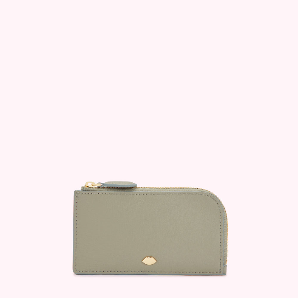 Sage green leather zip-around wallet against a white background.