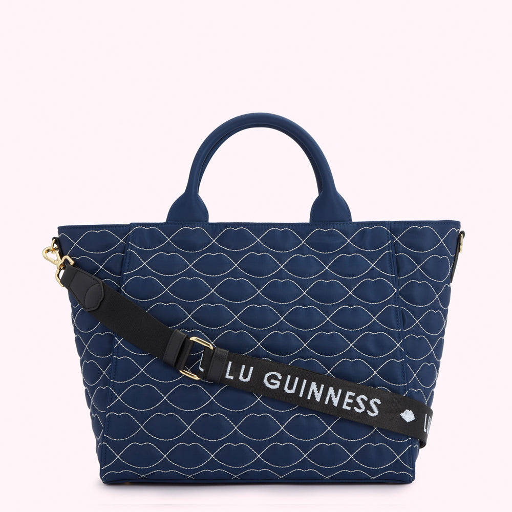 NAVY QUILTED LIPS CARLY TOTE BAG