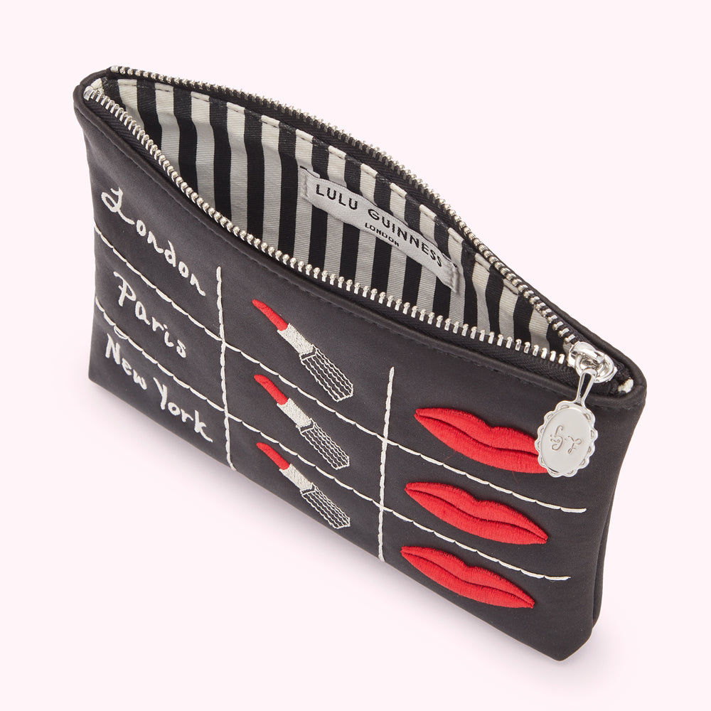 Black London Paris New York Top Zip Pouch Lulu Guinness