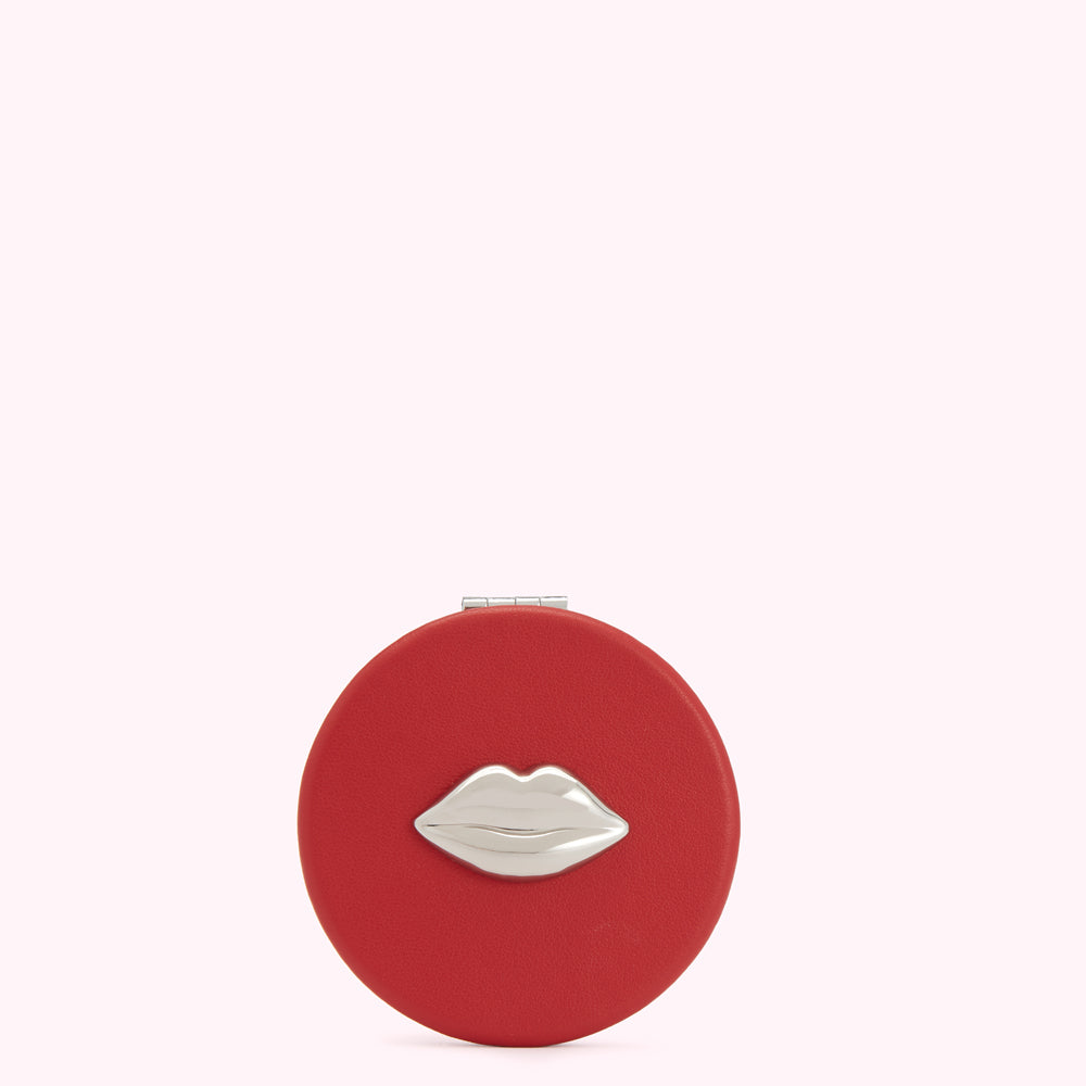 red compact mirror with silver lip