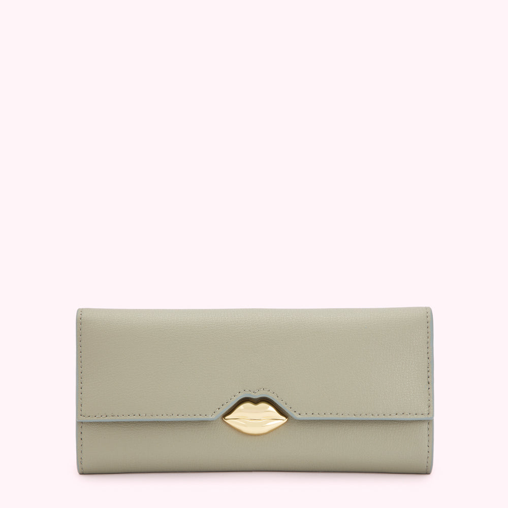 Sage green leather wallet with gold lip clasp against a white background.