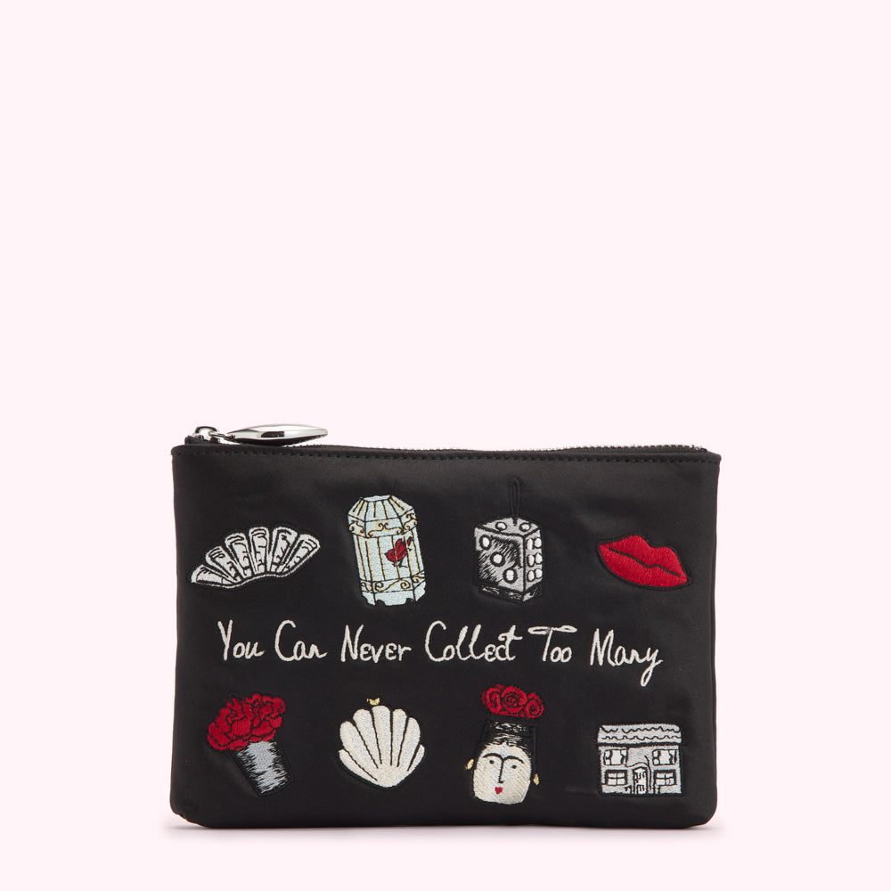 Black pouch with embroidered design featuring various images and the text "You Can Never Collect Too Many".