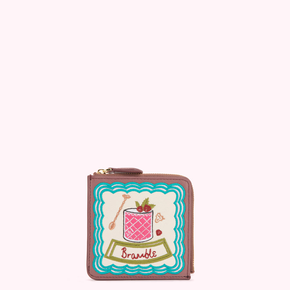 Mauve leather zip-around wallet with embroidered Bramble cocktail design.