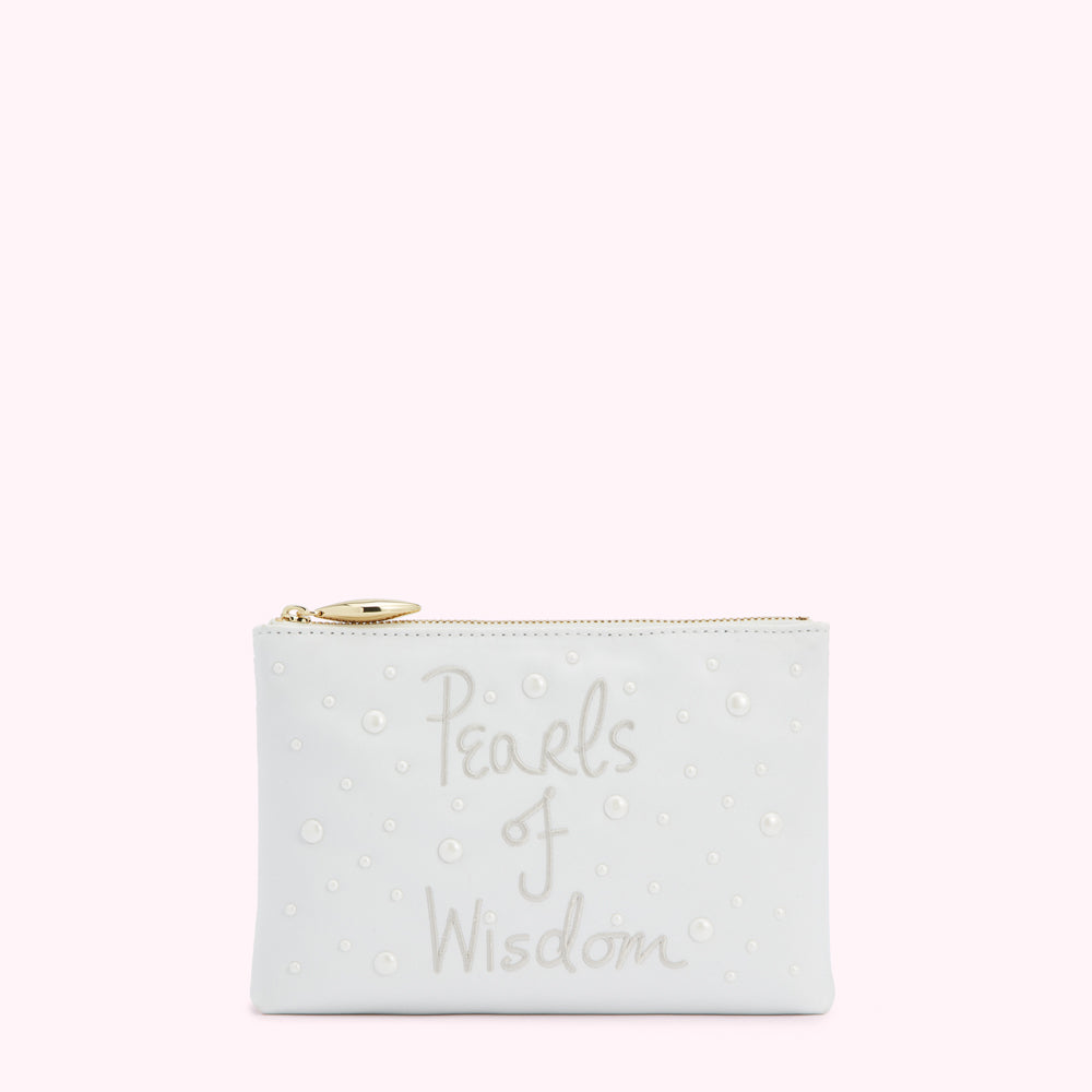 Light blue pouch with the text "Pearls of Wisdom" and pearl accents.