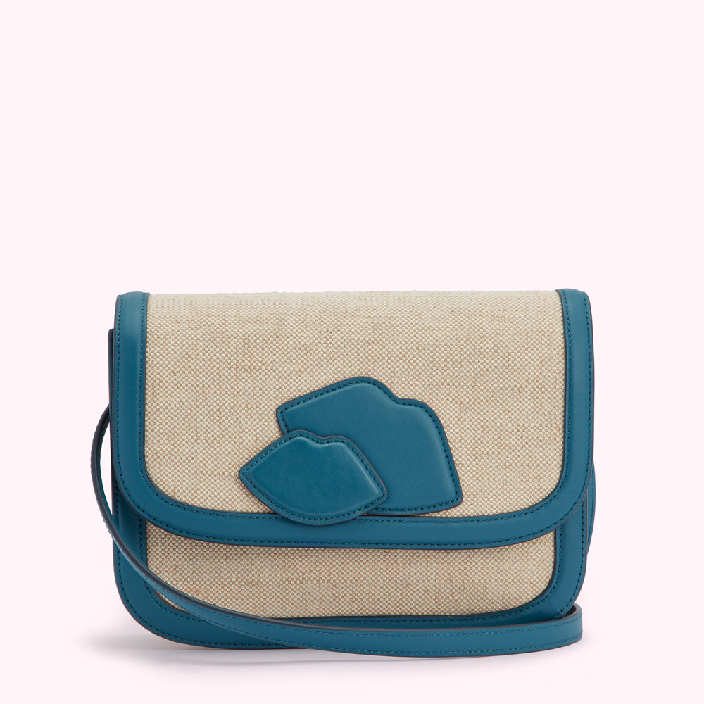 Beige canvas crossbody bag with teal leather trim and lips detail.