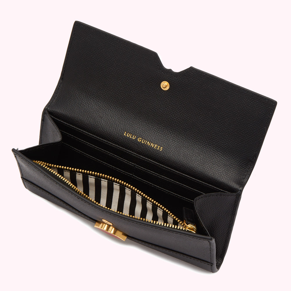 Black Enamel Lip Cora Wallet | Wallets | Lulu Guinness
