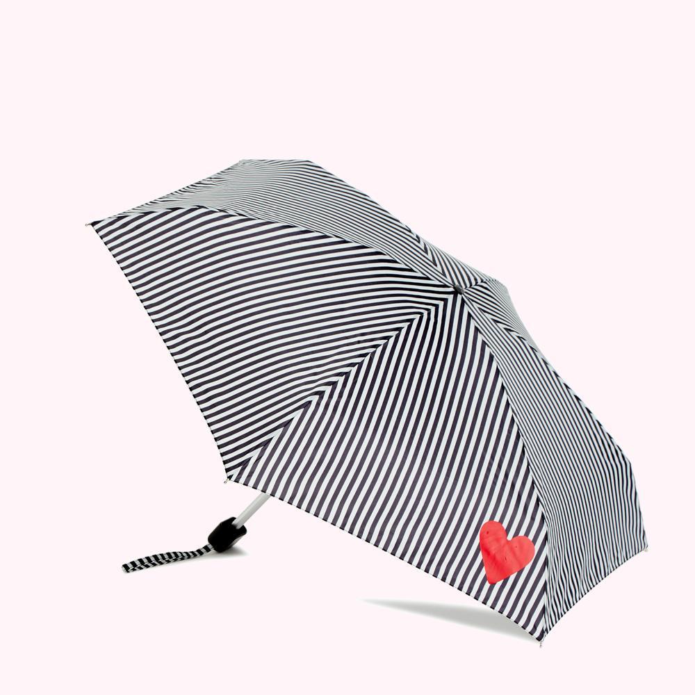 Black and white striped compact umbrella with a small red heart on the canopy.