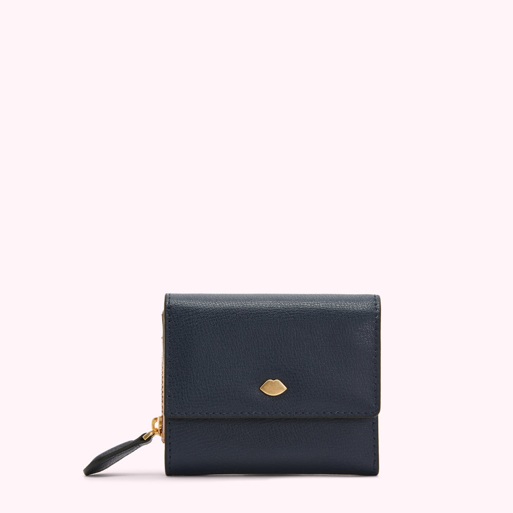 Navy blue leather wallet with gold lip detail.