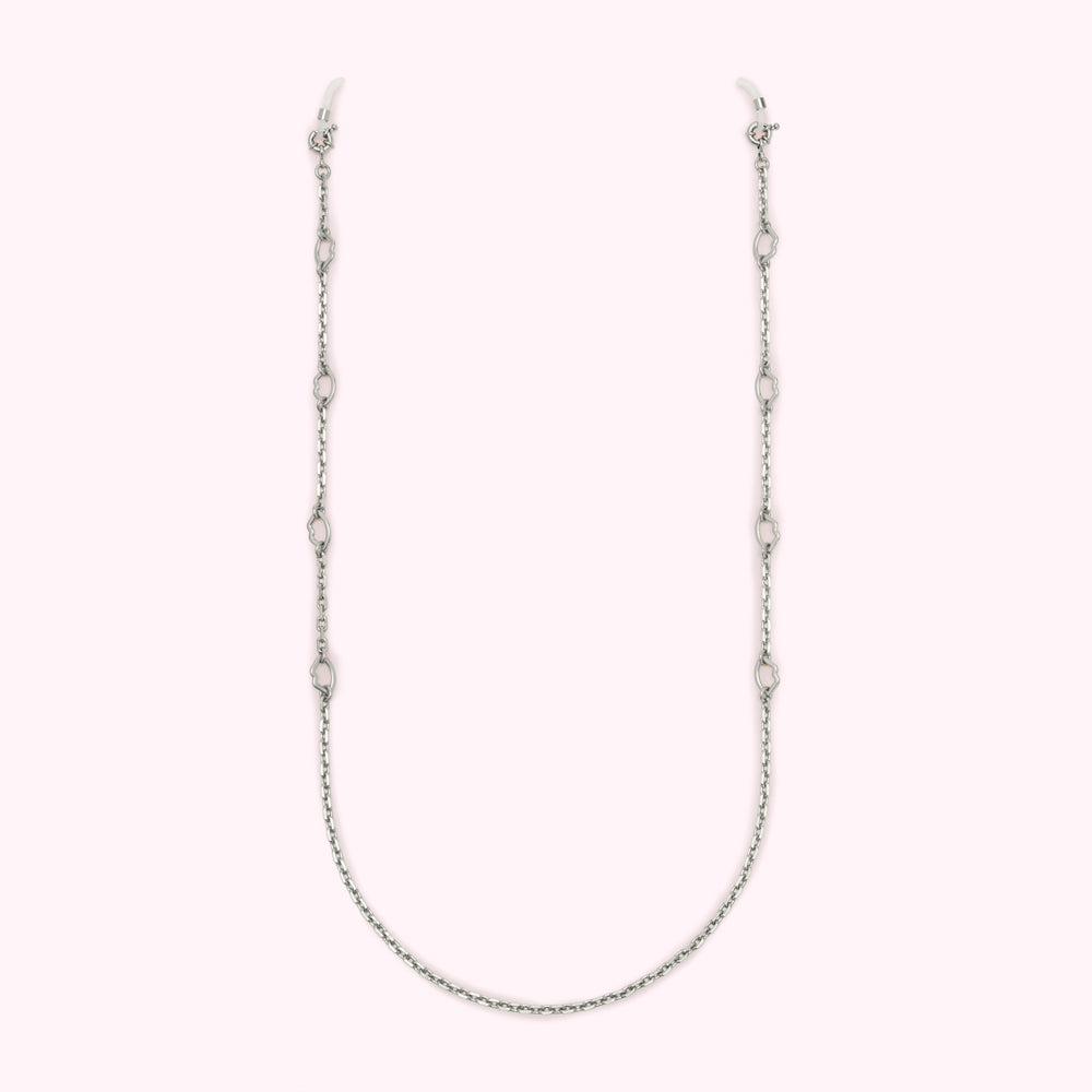 Silver eyeglasses chain with decorative links.