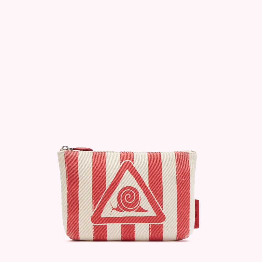 Red and white striped makeup bag with a snail in a triangle graphic.