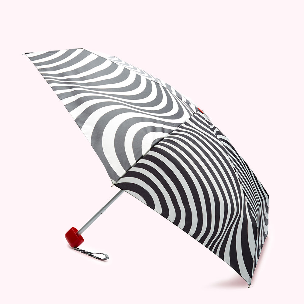 Compact umbrella with a black and white wavy striped design.