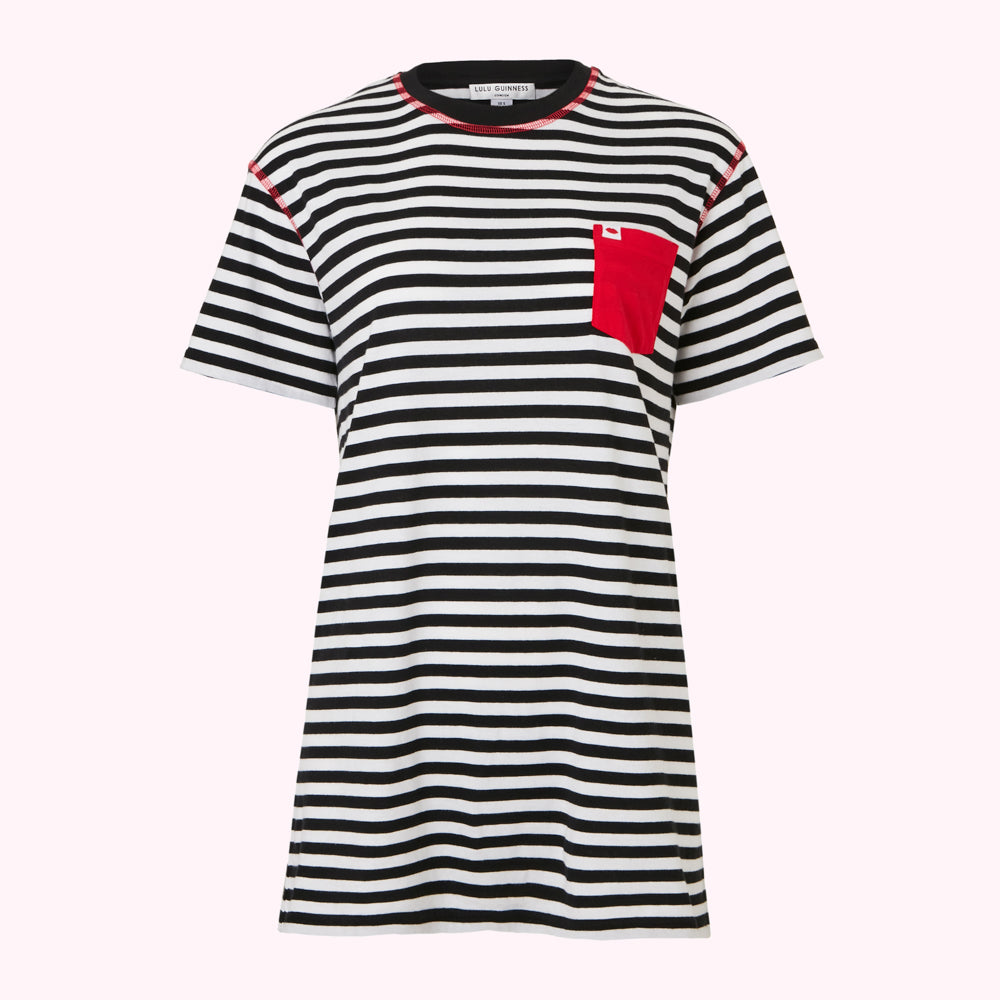 Black and white striped t-shirt dress with a red pocket.