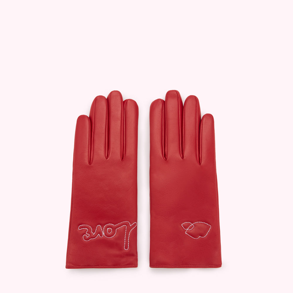 Pair of red leather gloves with "love" embroidered on one glove and a small heart design on the other.
