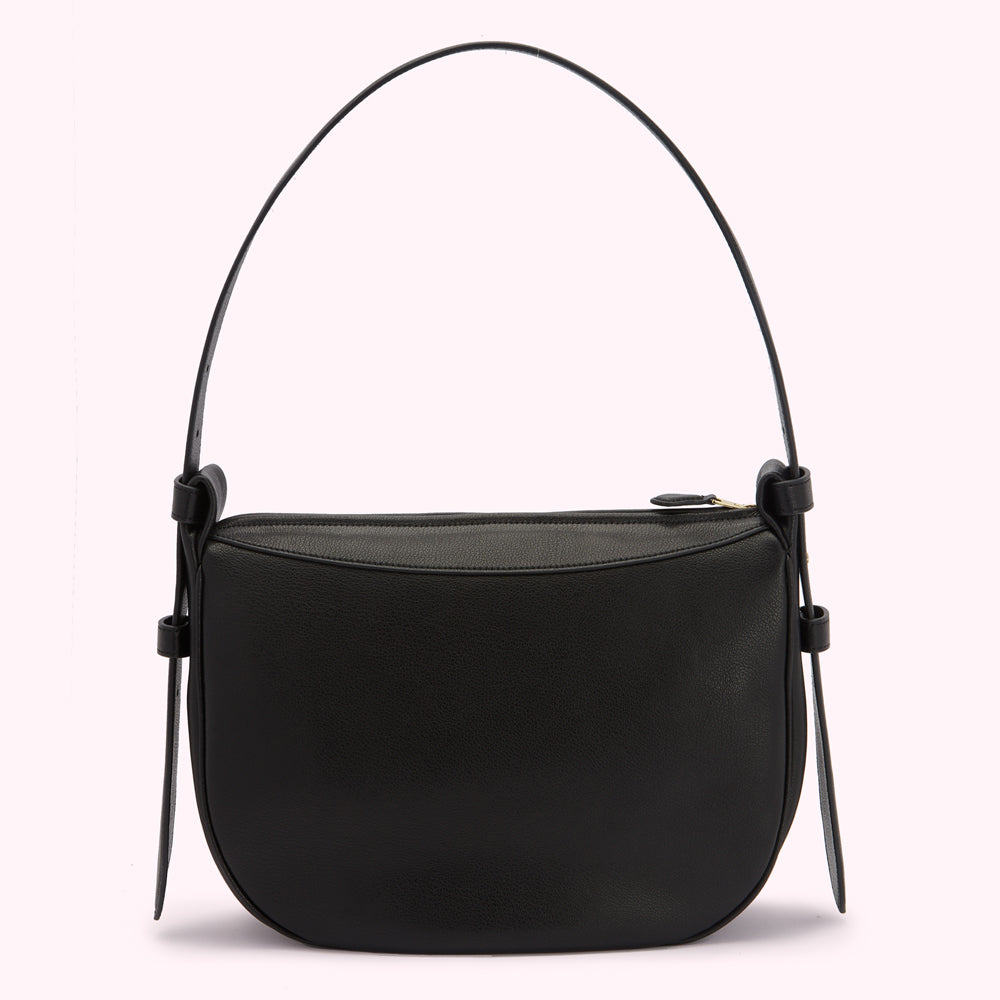 Black leather half-moon shoulder bag with a top handle.