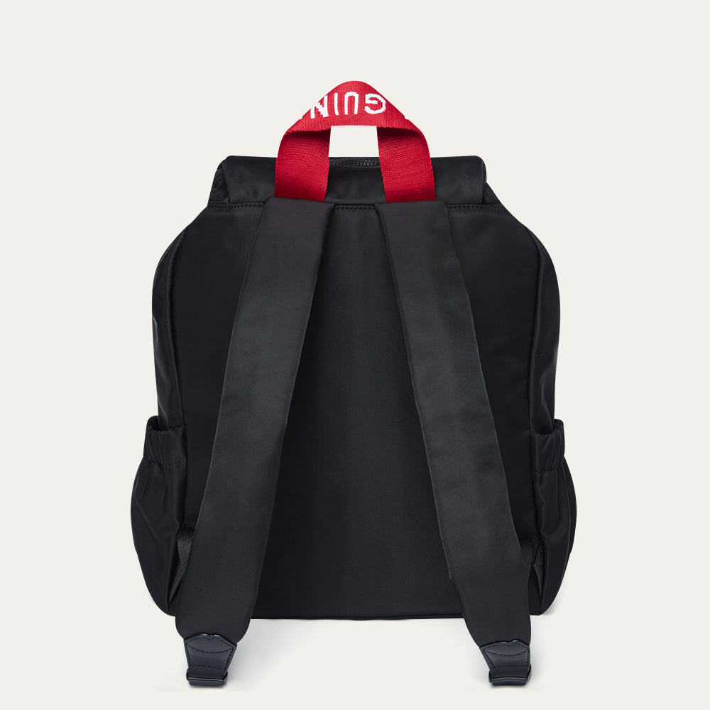 Black backpack with red handles on a white background