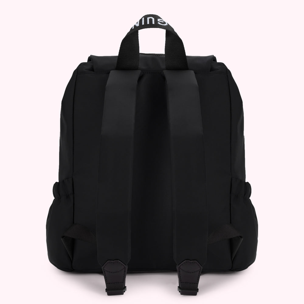 Back view of a black Lulu Guinness backpack with adjustable straps.
