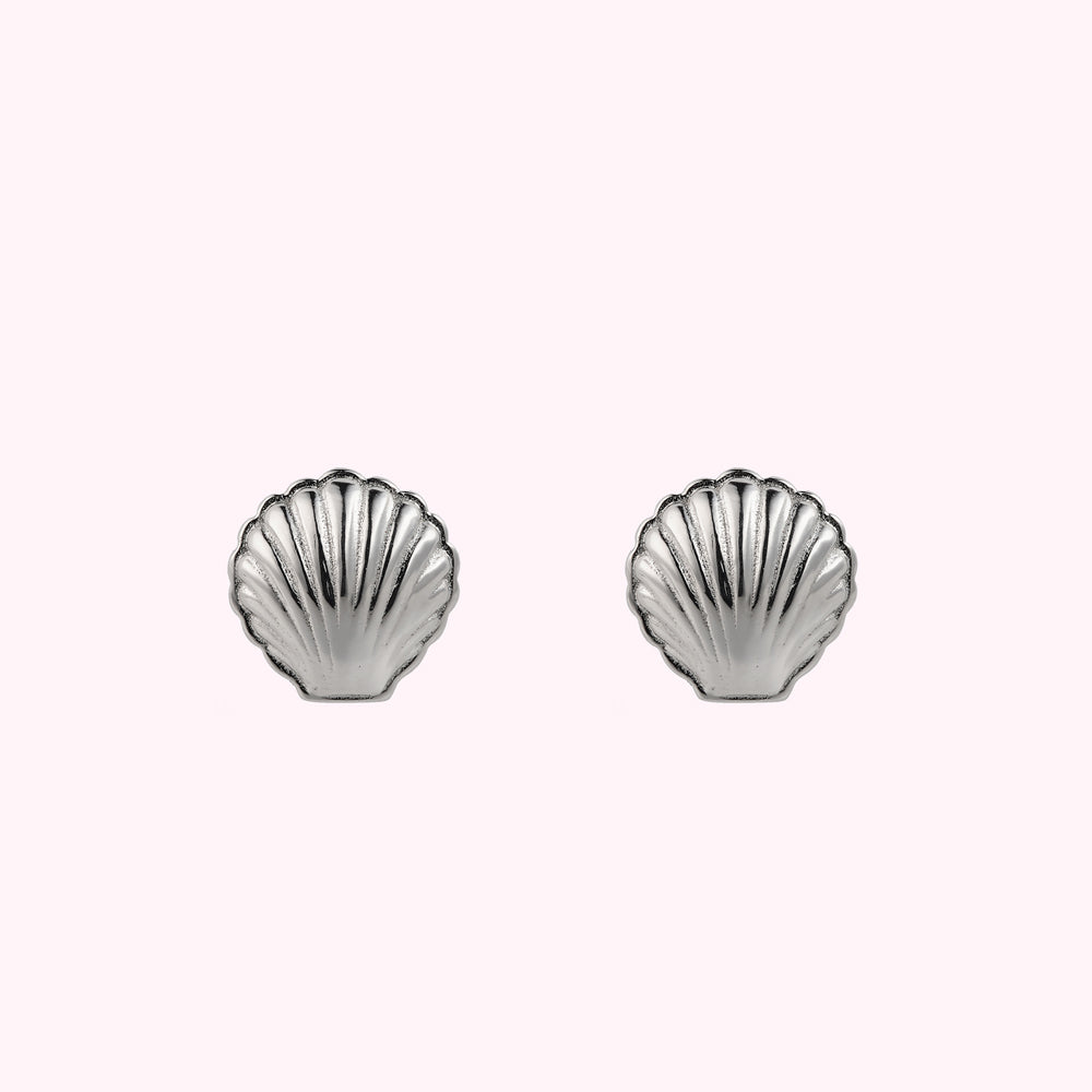 Front image of a pair of sterling silver shell shaped stud earrings.