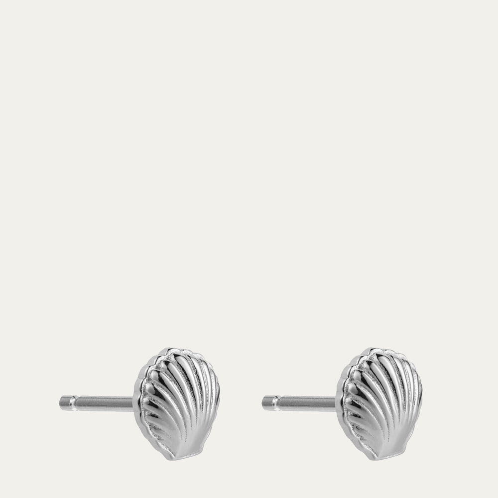 Side image of a pair of sterling silver hell shaped stud earring