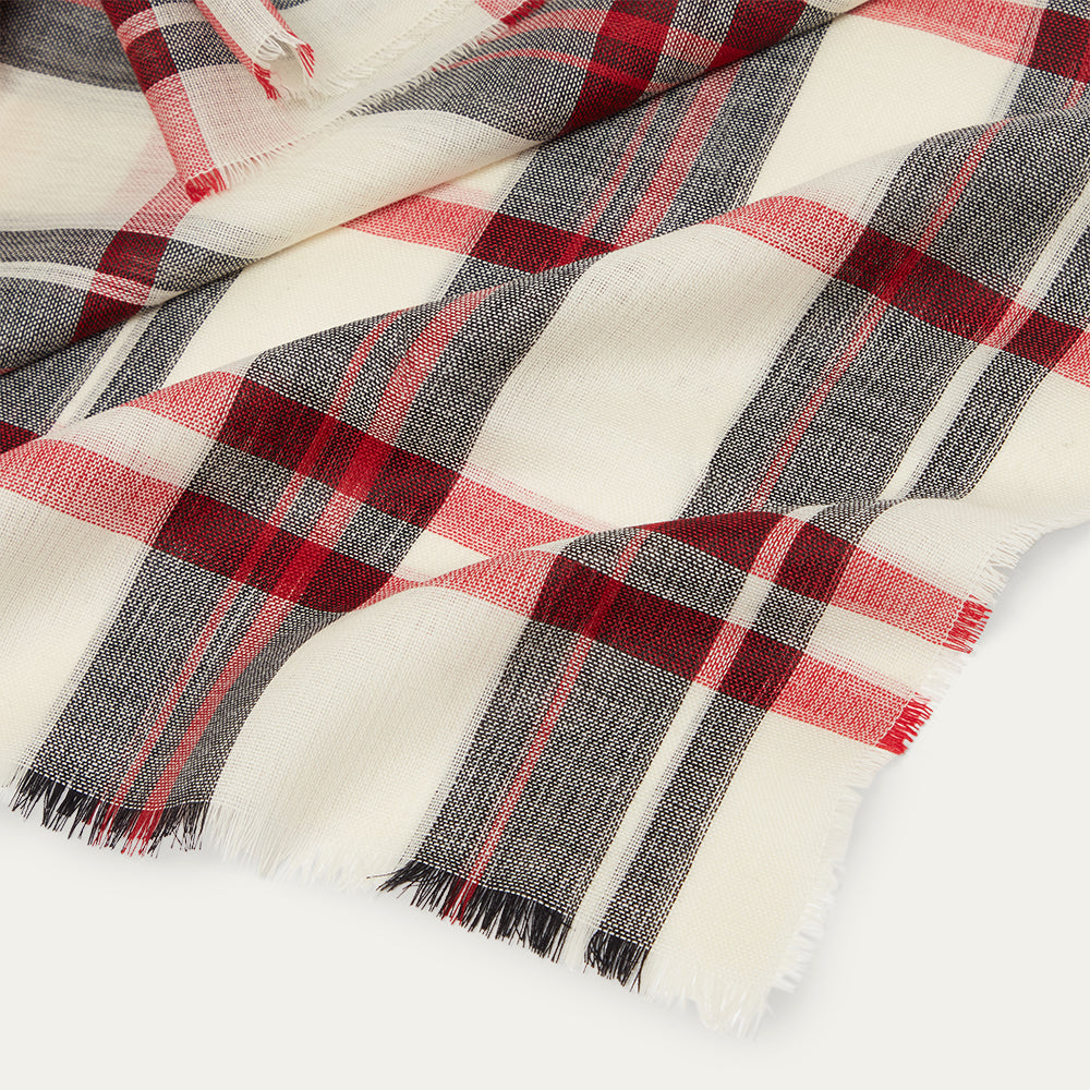 Plaid scarf with red, black, and white pattern on a white background