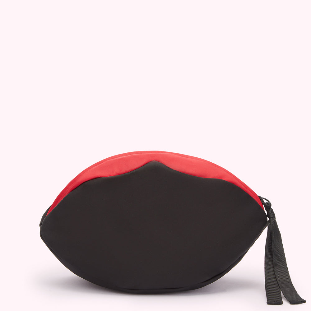 Black and red lip-shaped cosmetic bag.
