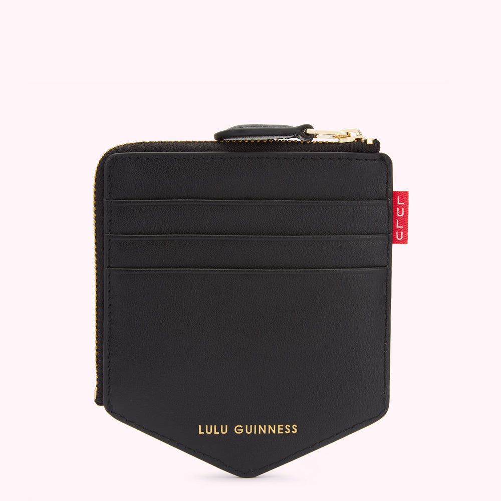 Black Lulu Guinness zip-around cardholder with gold zipper and red label.
