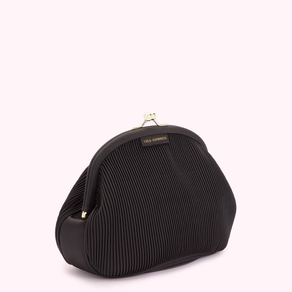 Black pleated Lulu Guinness purse with gold clasp.
