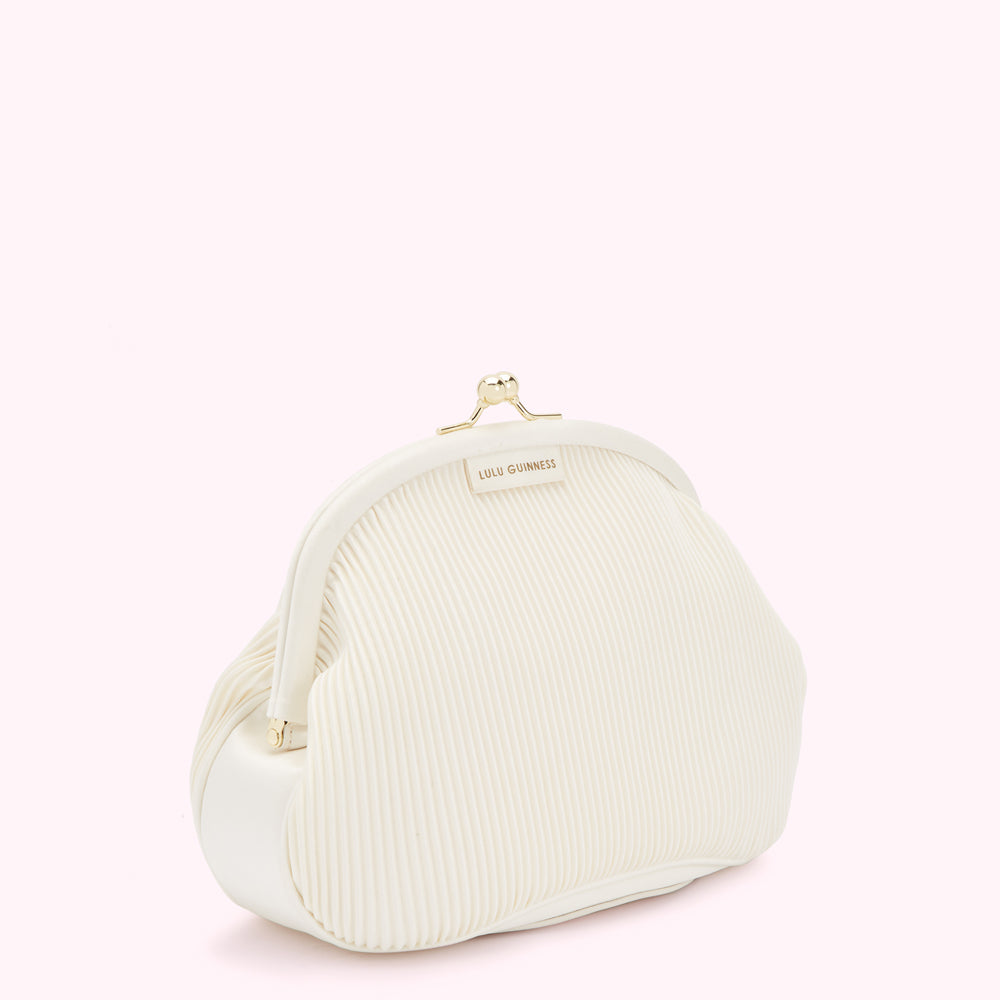 Off-white pleated Lulu Guinness purse with gold clasp.
