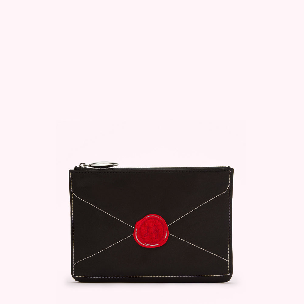 Black envelope-shaped zipper pouch with a red wax seal.
