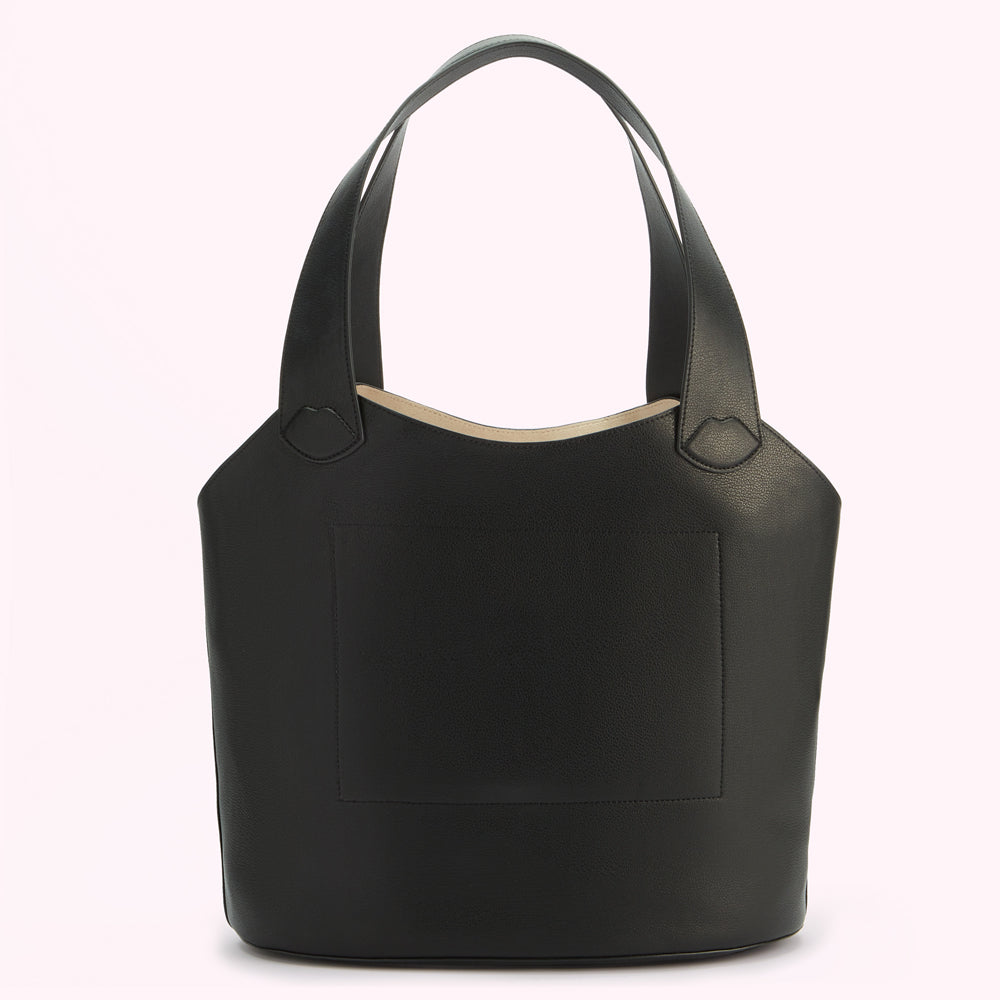 Black leather tote bag with a beige interior and a small front pocket.

