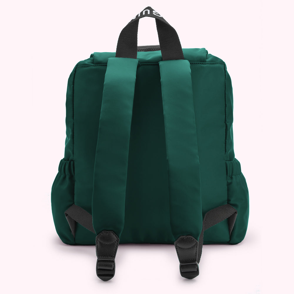 Green backpack with black carrying handle and white logo.