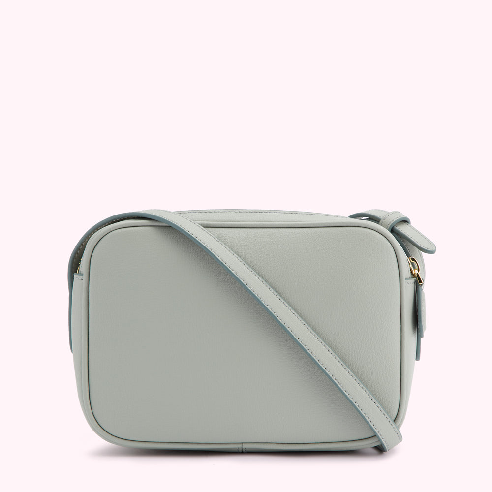 Light blue rectangular crossbody bag with long strap.
