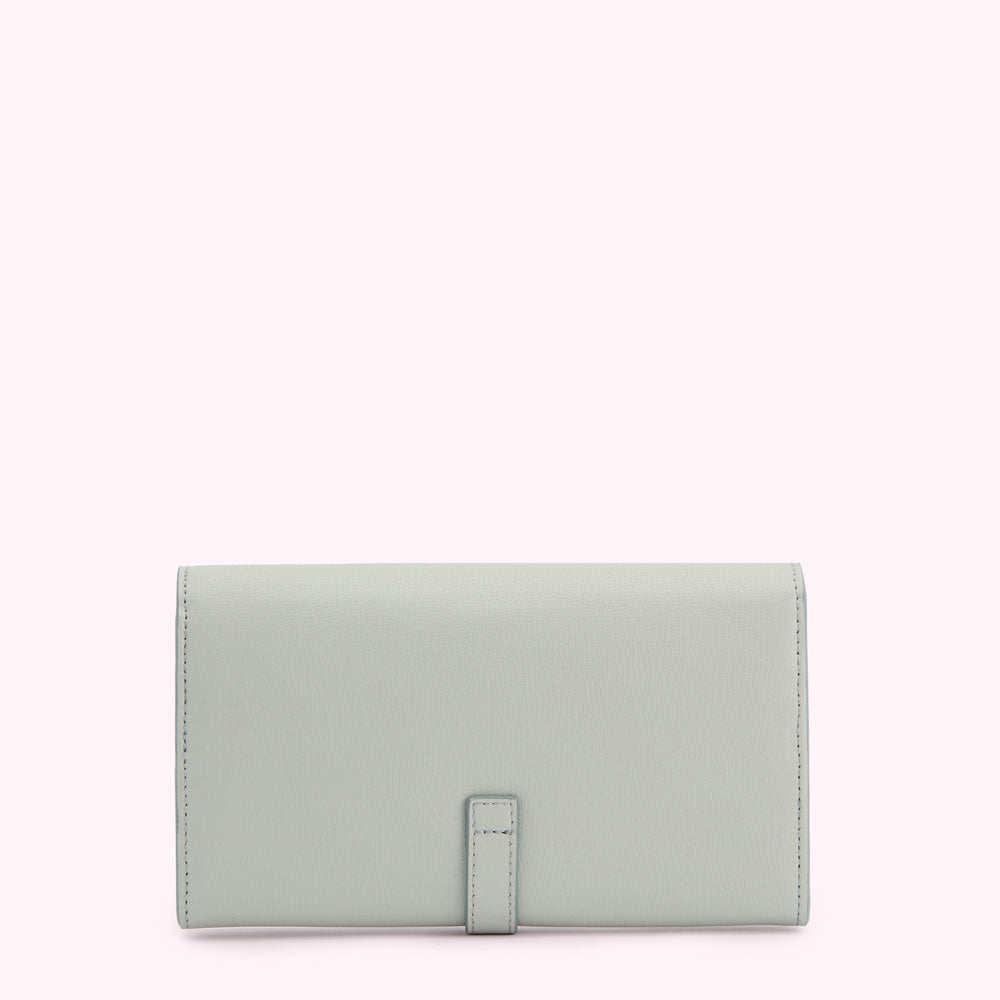 Light green leather wallet on white background.
