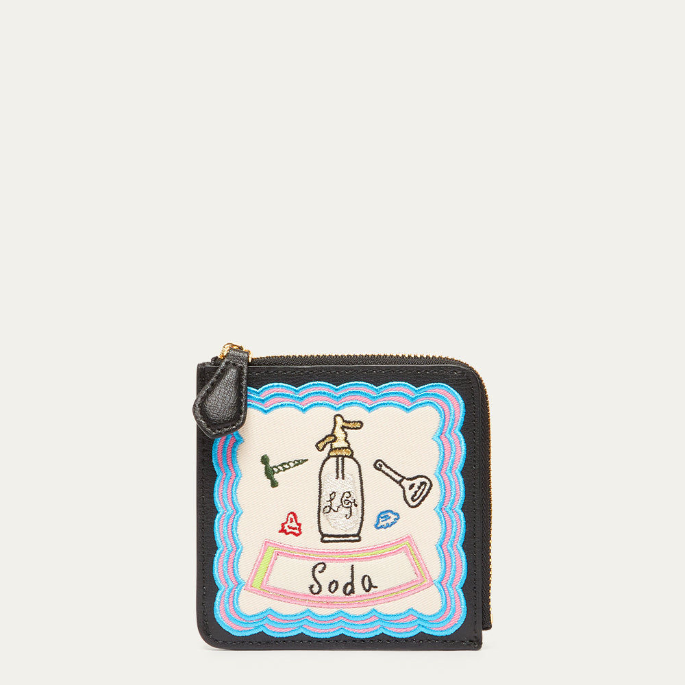 Small black coin purse with colourful design on a white background