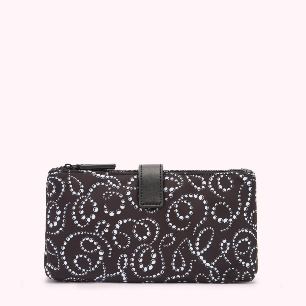 Black pouch with white pearl pattern, black leather strap.
