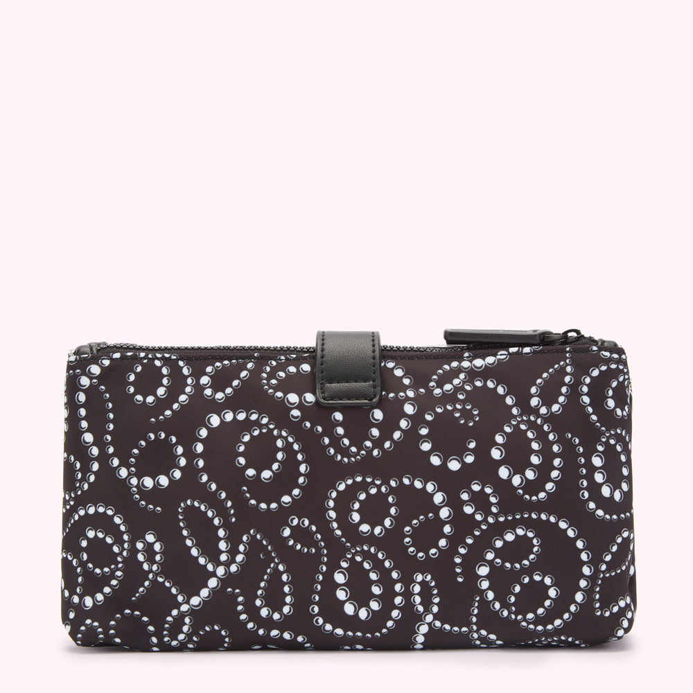 Black pouch with a white pearl pattern.