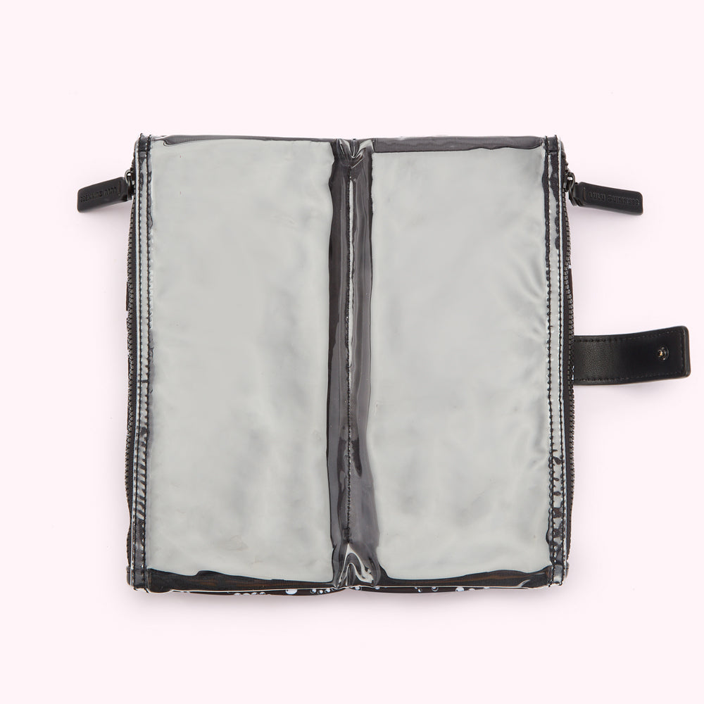 Double zippered clear pouch with black trim on a white background.
