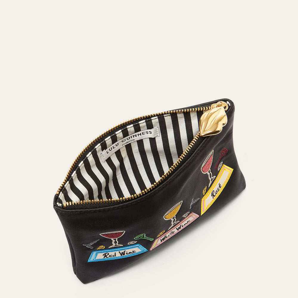 BLACK EMBROIDERED COCKTAIL HOUR TOP ZIP POUCH