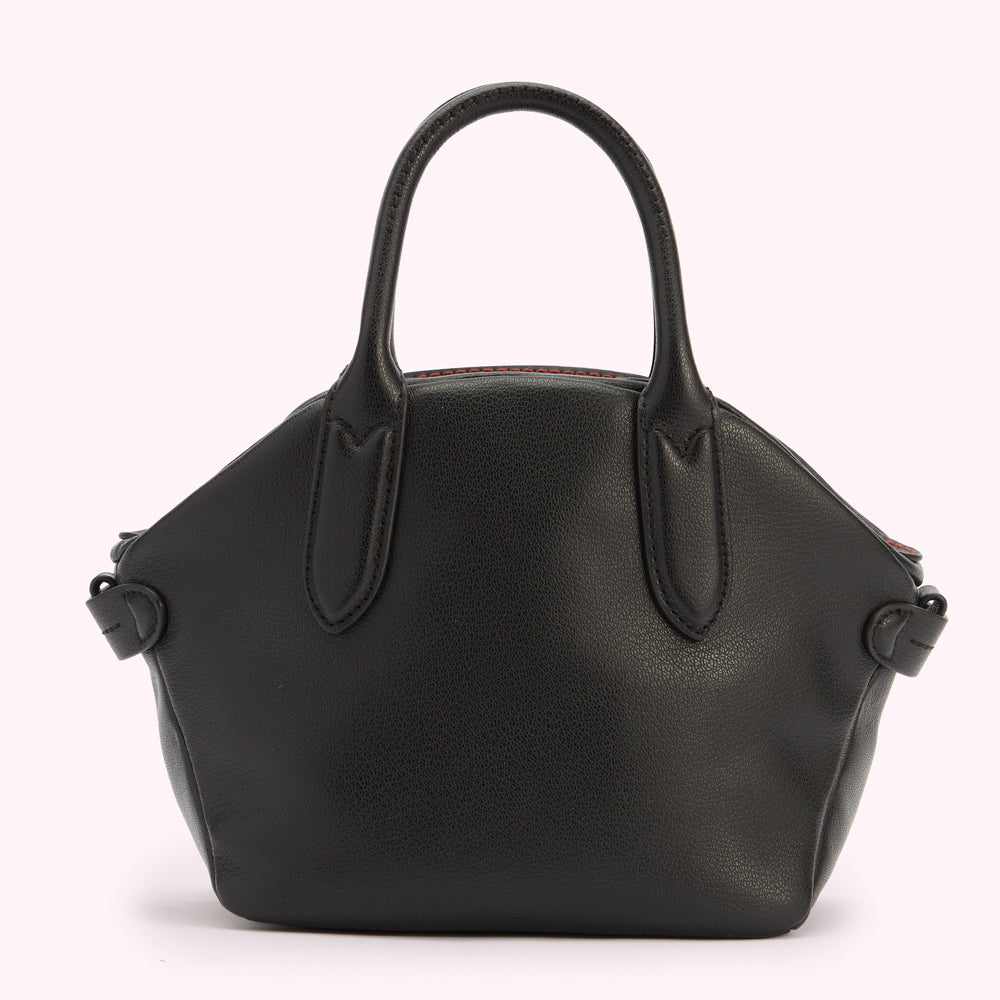 A back image of a black leather handbag with a top handle.