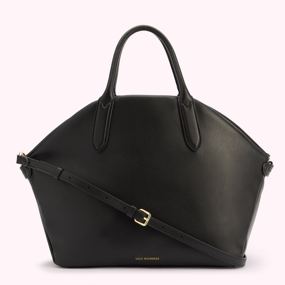A front image of a black leather tote bag with a top handle and a gold foil Lulu Guinness logo.