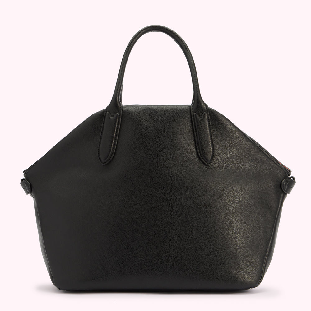 A back image of a black leather tote bag with a top handle.