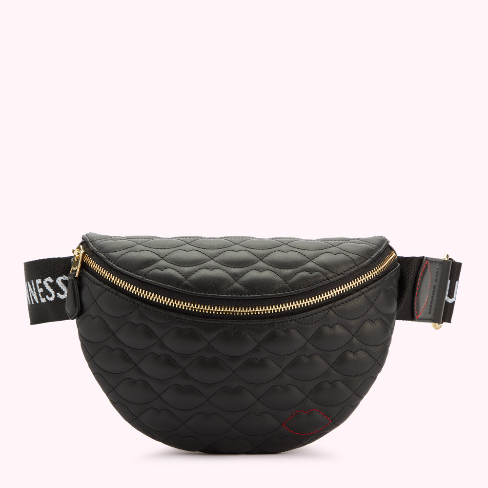 A front image of a black leather belt bag with lip shaped quilting, gold zip and a contrasting red stitched lip on the bottom edge.