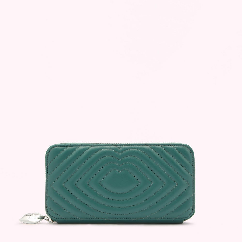 Teal quilted zip-around wallet with heart-shaped pattern.
