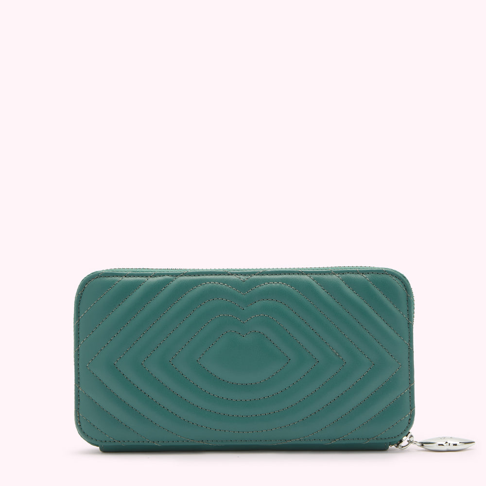 Teal quilted leather zip-around wallet.
