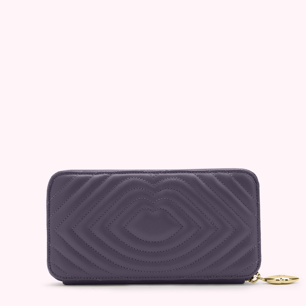 Purple quilted leather wallet with gold zipper pull.
