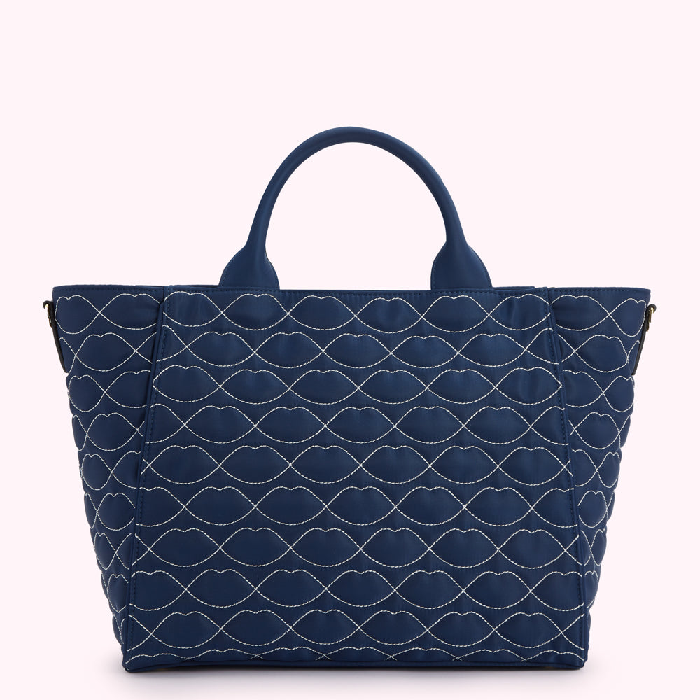 NAVY QUILTED LIPS CARLY TOTE BAG