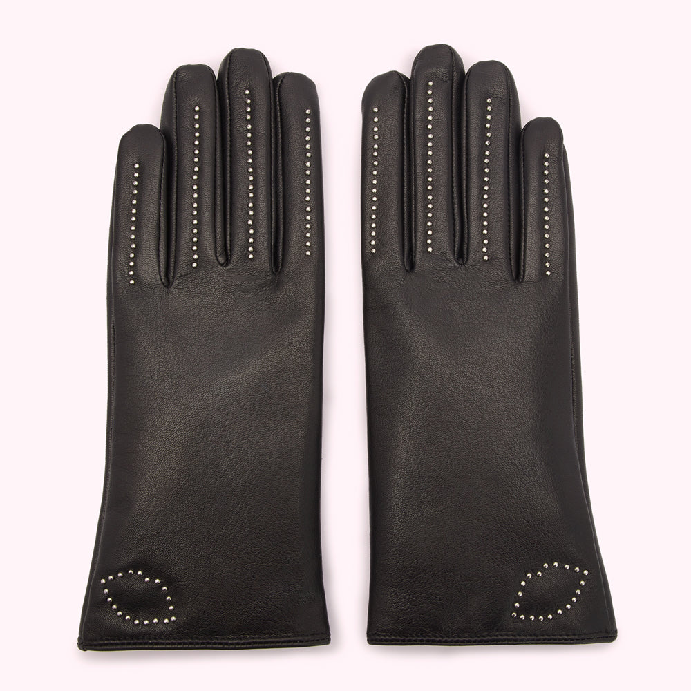 pair of black gloves with lips embroidery