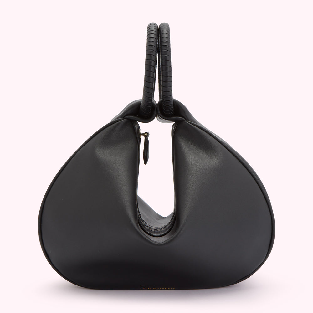 Black leather Lulu Guinness handbag with double top handles.