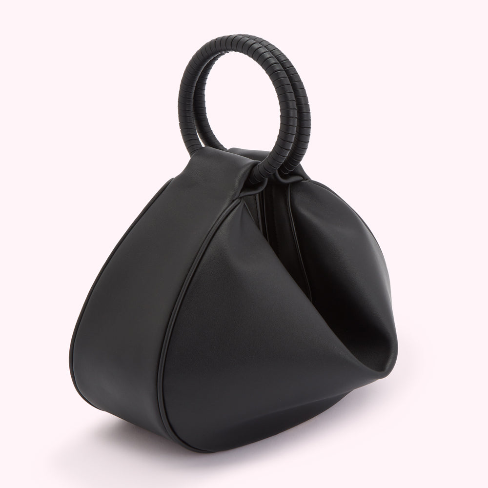 Black leather handbag with a double top handle.
